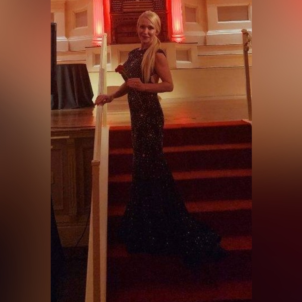 Jovani Rhinestone Gown, open low back, worn once, medium flowing train, like new - Picture 15 of 15
